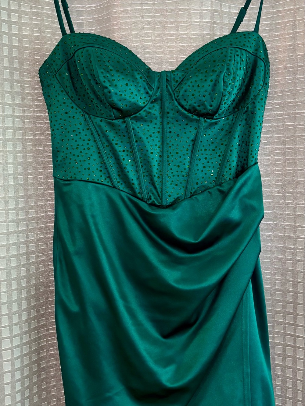 B Darlin Emerald Satin Strapless Corset Dress with Rhinestones